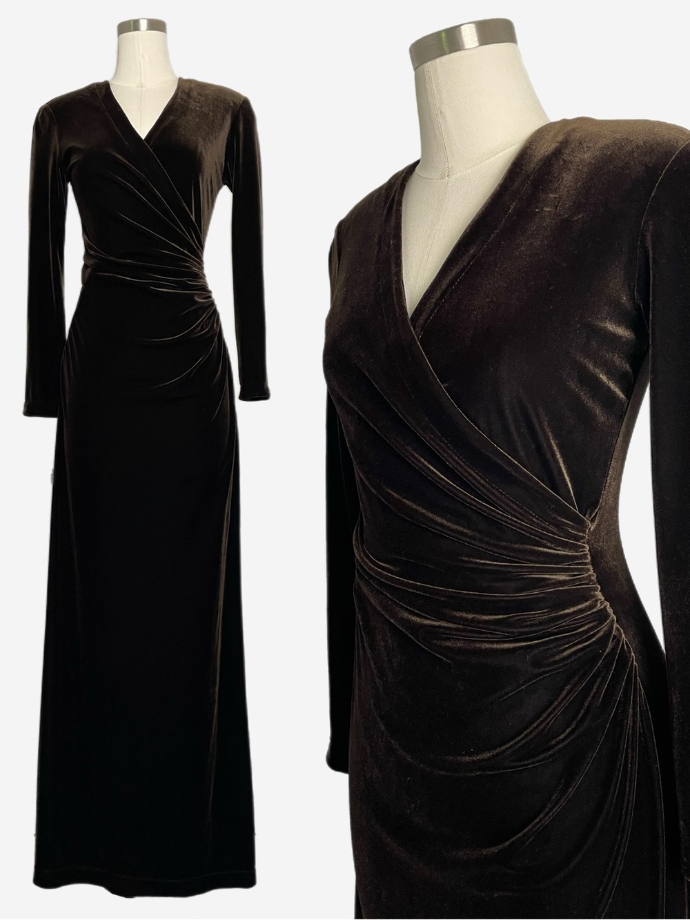 Vintage 90s Cache Brown velvet ruched wrap maxi gown old Hollywood soft goth XS